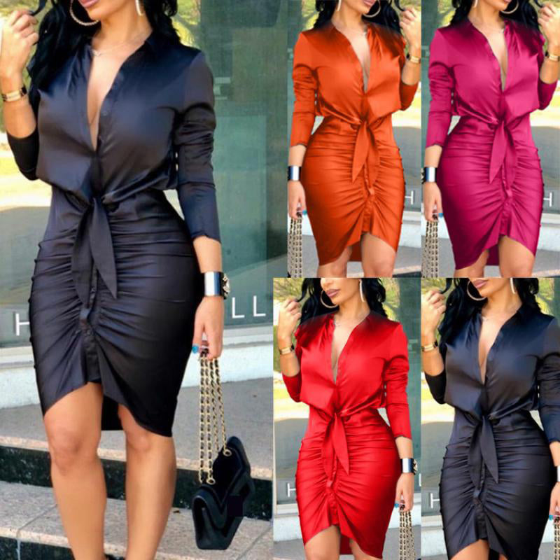 Solid Color Long Sleeve Midi Dress ...